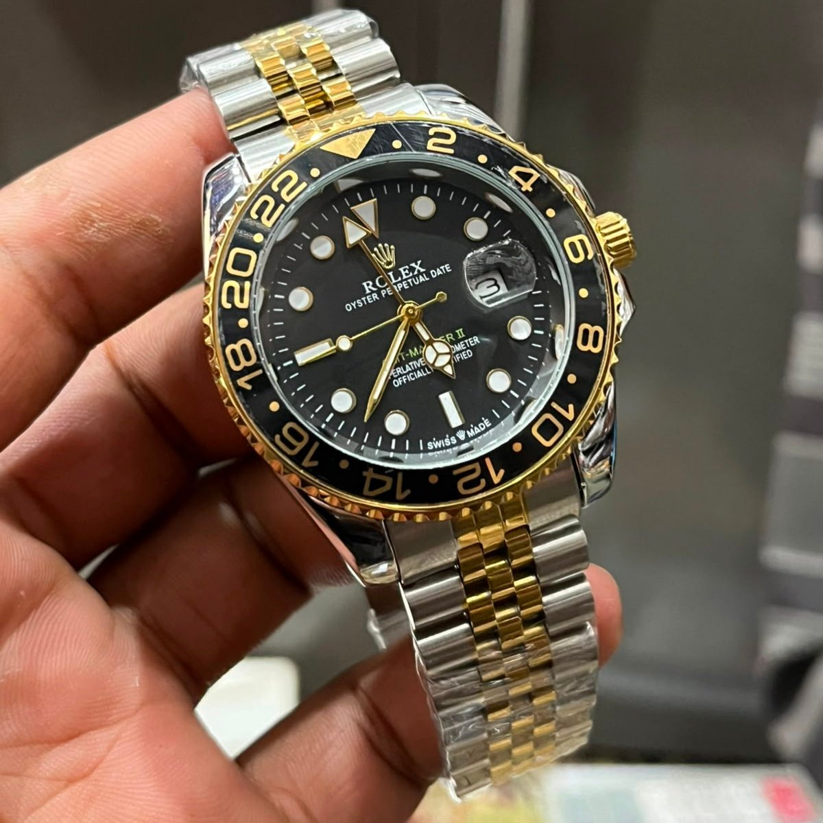 GMT Master II Two Tone Watch - Black Gold Bezel with Silver Gold Jubilee Bracelet